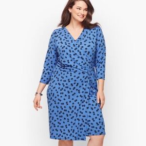 TALBOTS Women Plus 2X Knit Jersey Faux Wrap Dress Bicolor Daisies Blue Black New